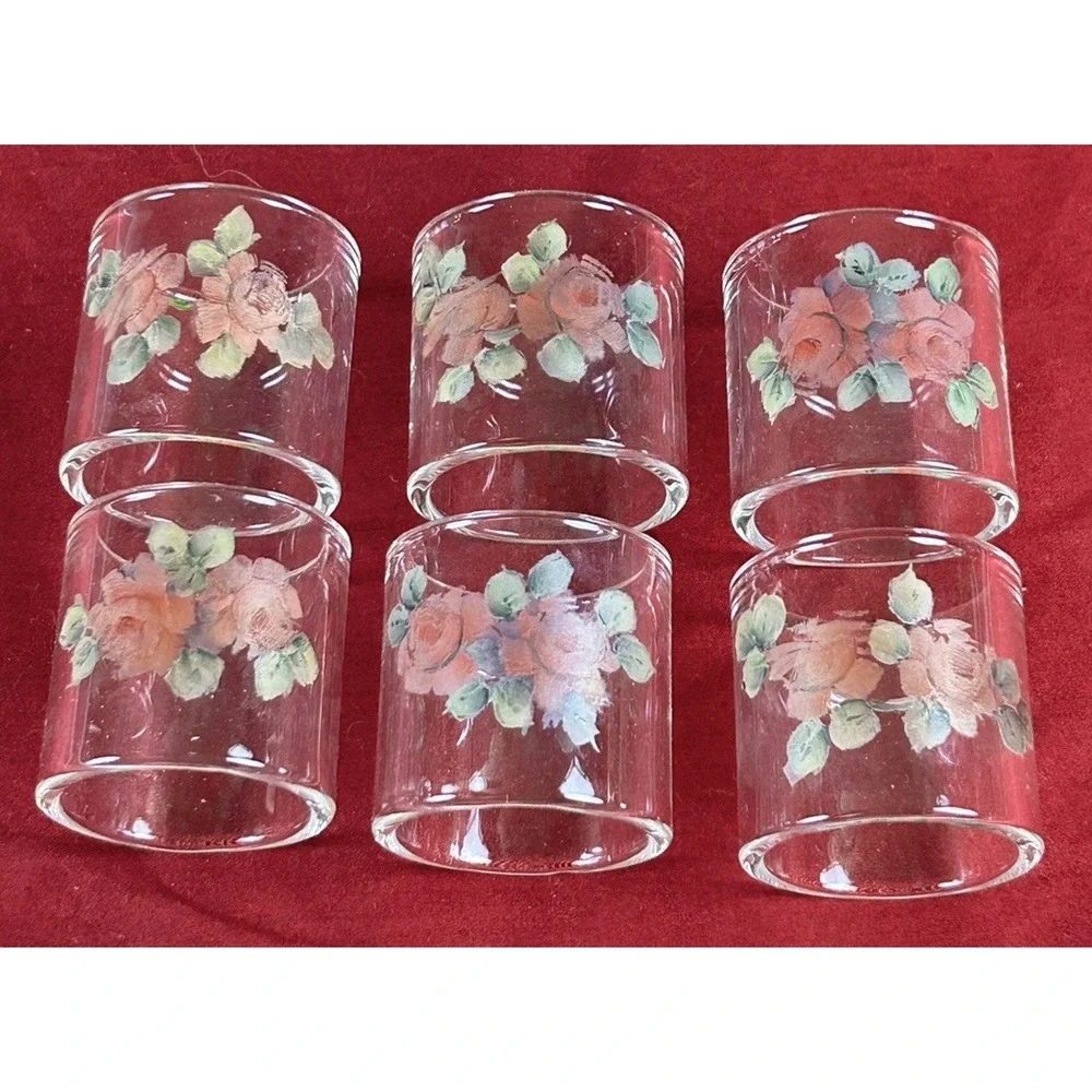 Vtg (6) Pyrex Compatibles Clear Glass 54 Napkin Rings Rose Pattern Original
